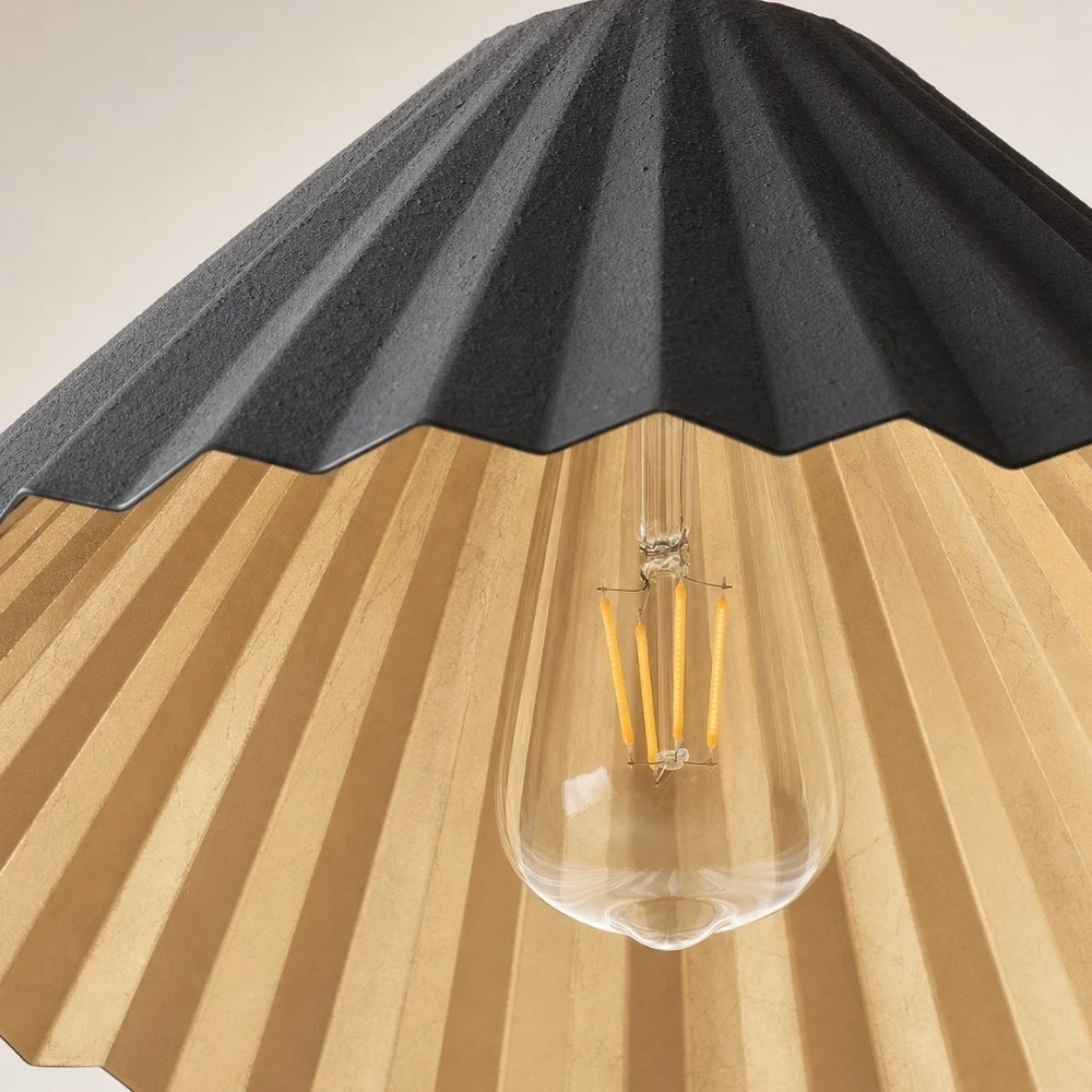 Black pleated shade and warm bulb detail