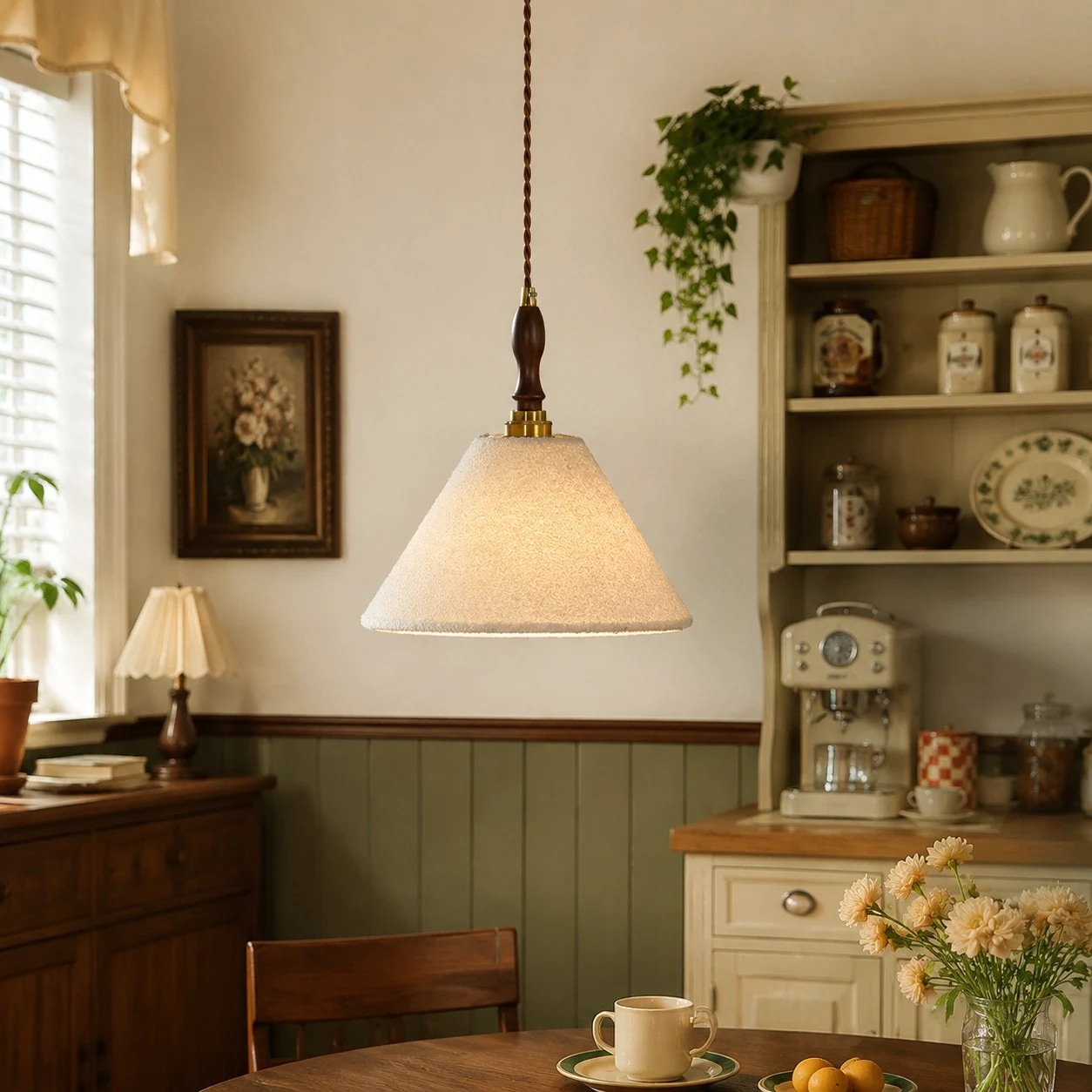 French vintage cream pendant light in a warm dining corner