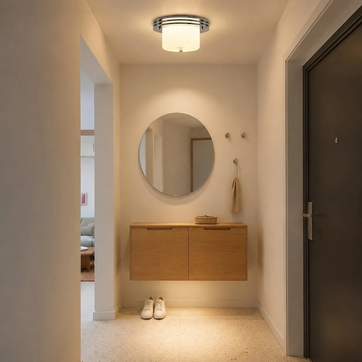 Zenthoris chrome and milky glass flush mount ceiling fixture installed in an entry area