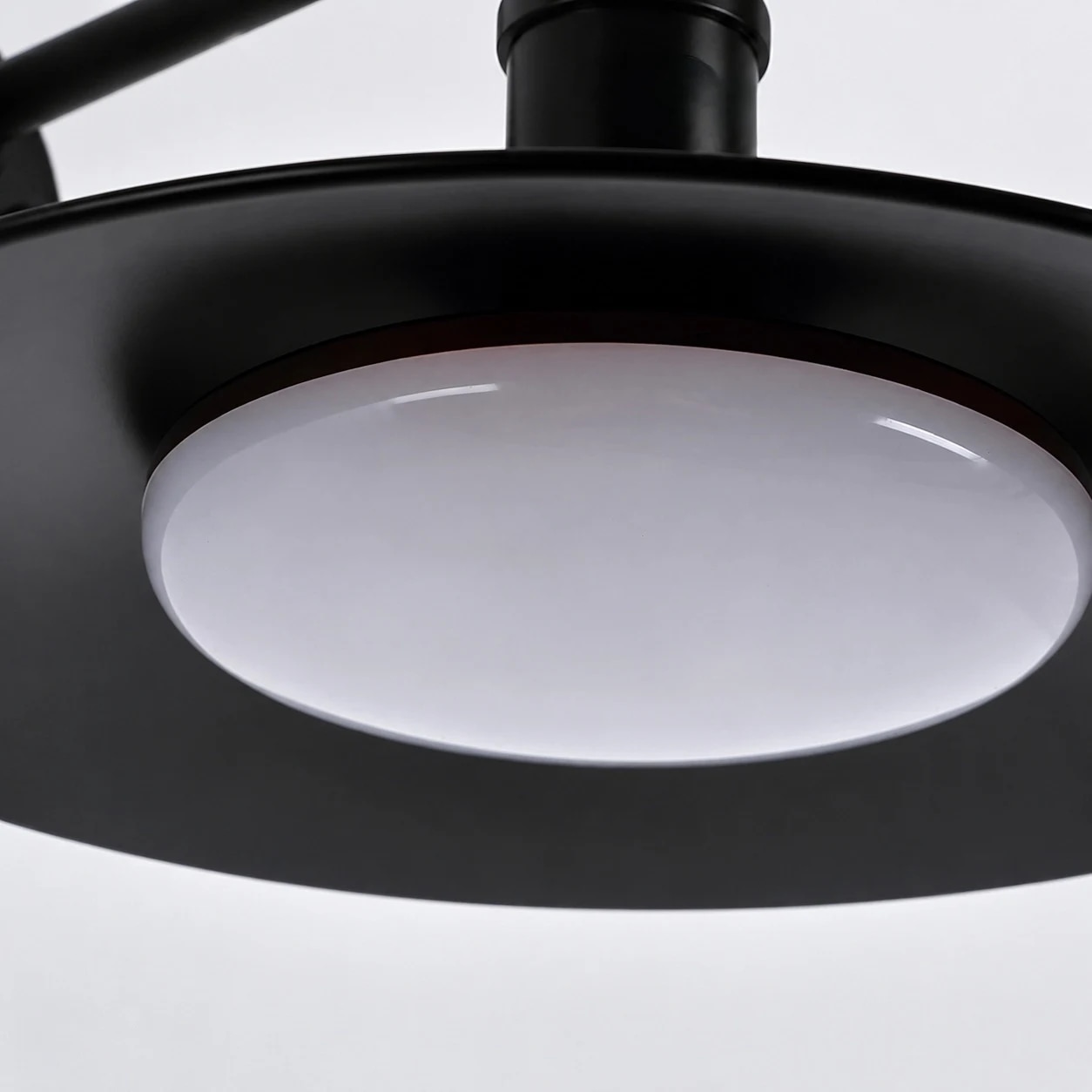 Close view of the black metal shade and diffuser