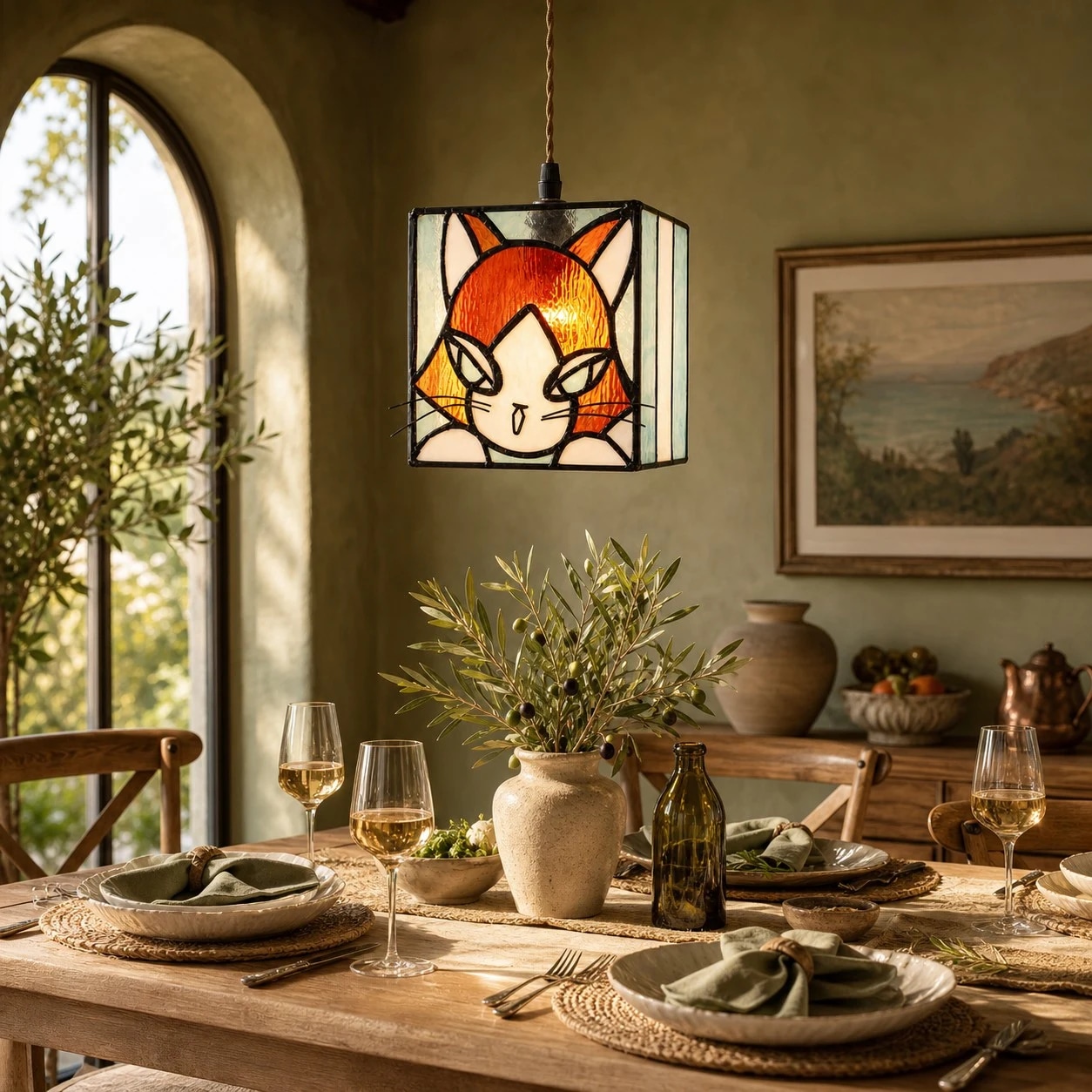 Amber cat stained glass pendant installed above a dining table