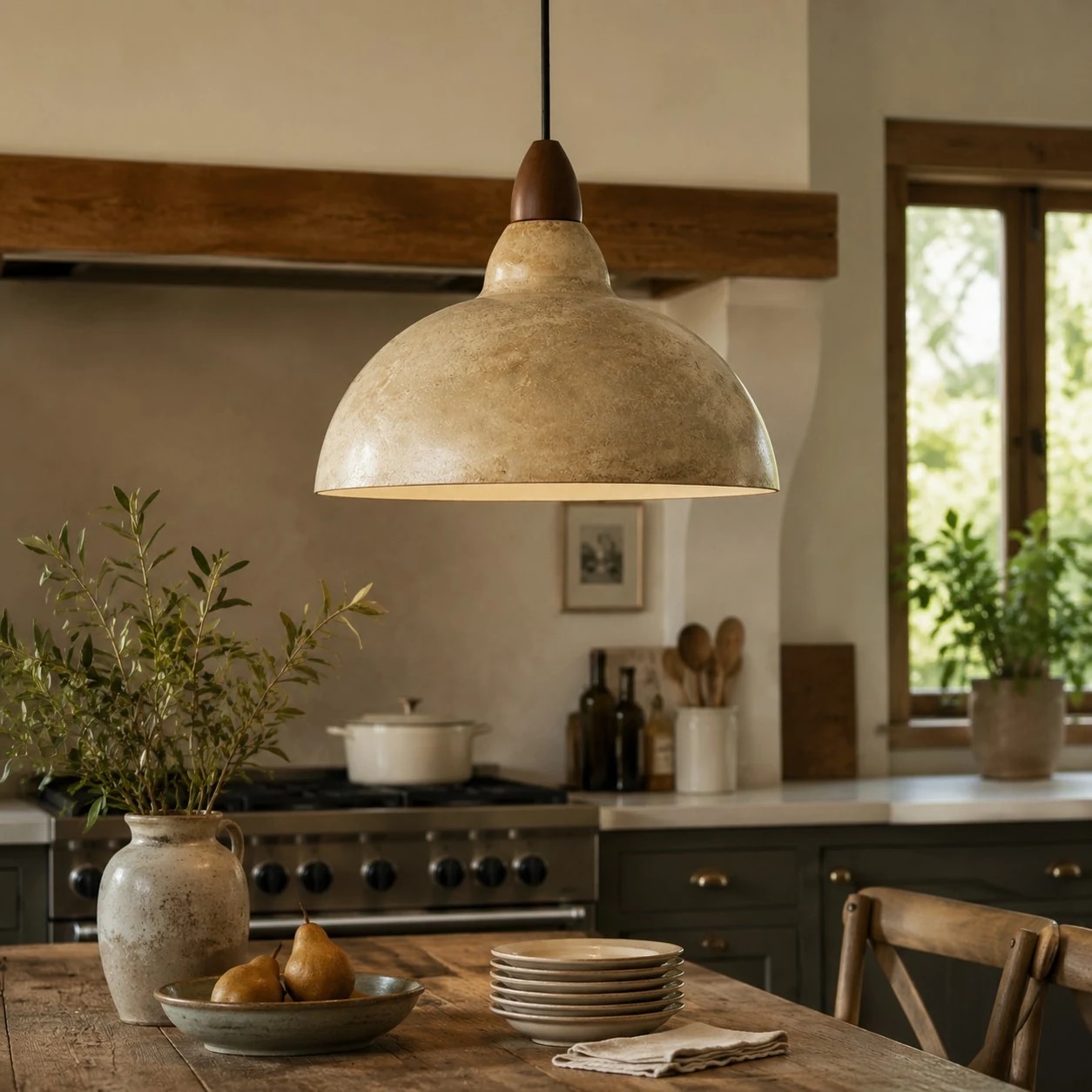 Distressed pendant over a rustic kitchen counter