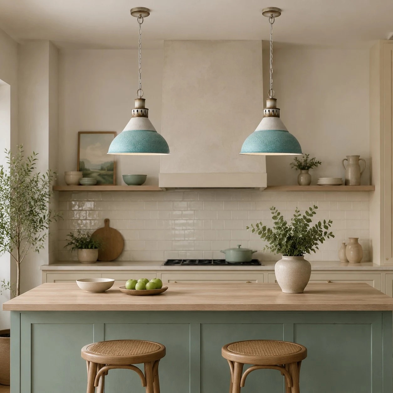 two light blue pendant lights installed above a kitchen island