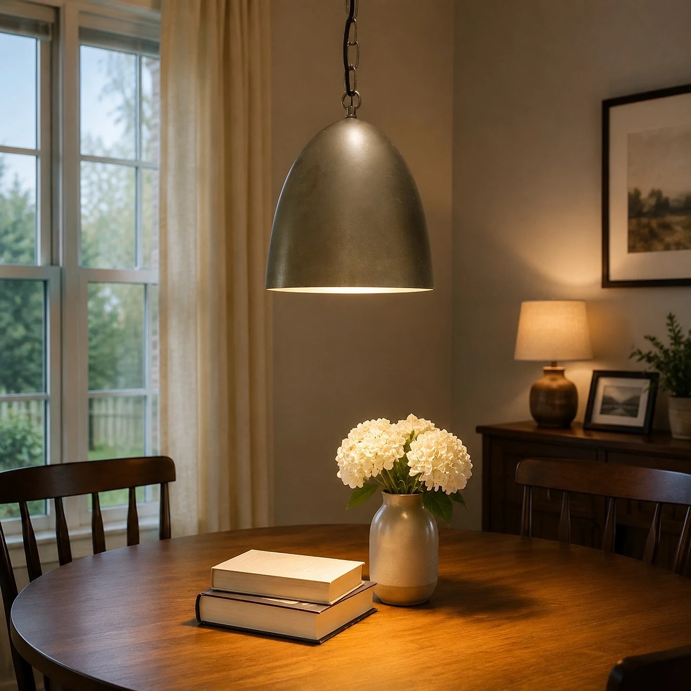 Distressed metal pendant light over a dining table