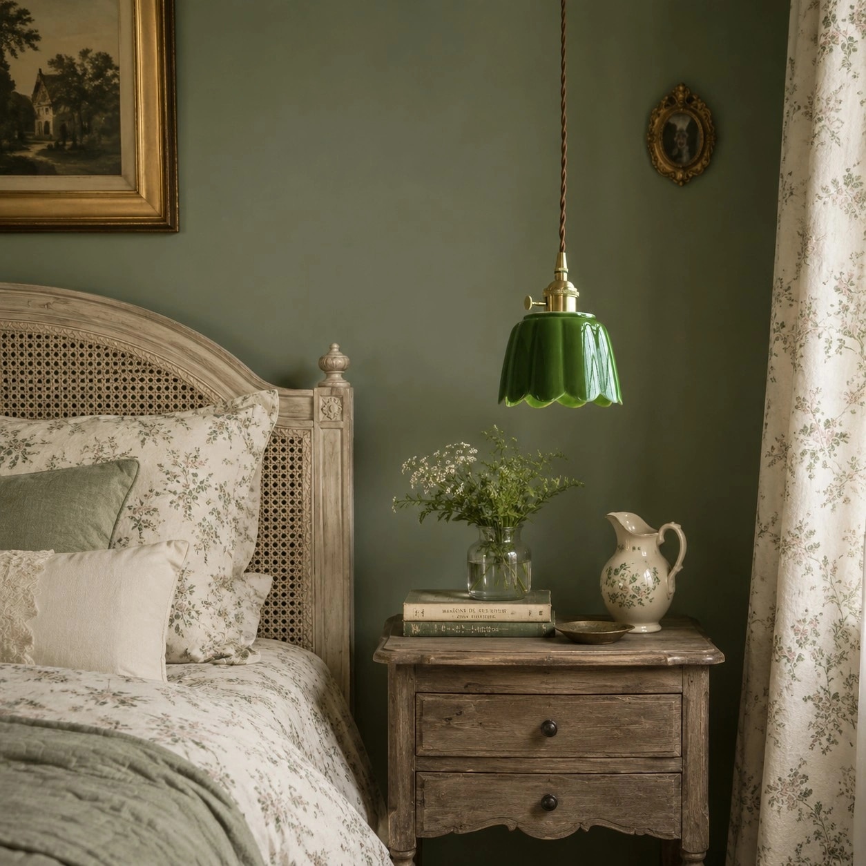 Cienax green ceramic pendant light in a bedside setting