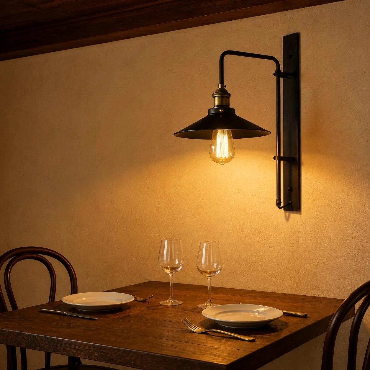 Dark bronze wall lamp glowing beside an outdoor dining table