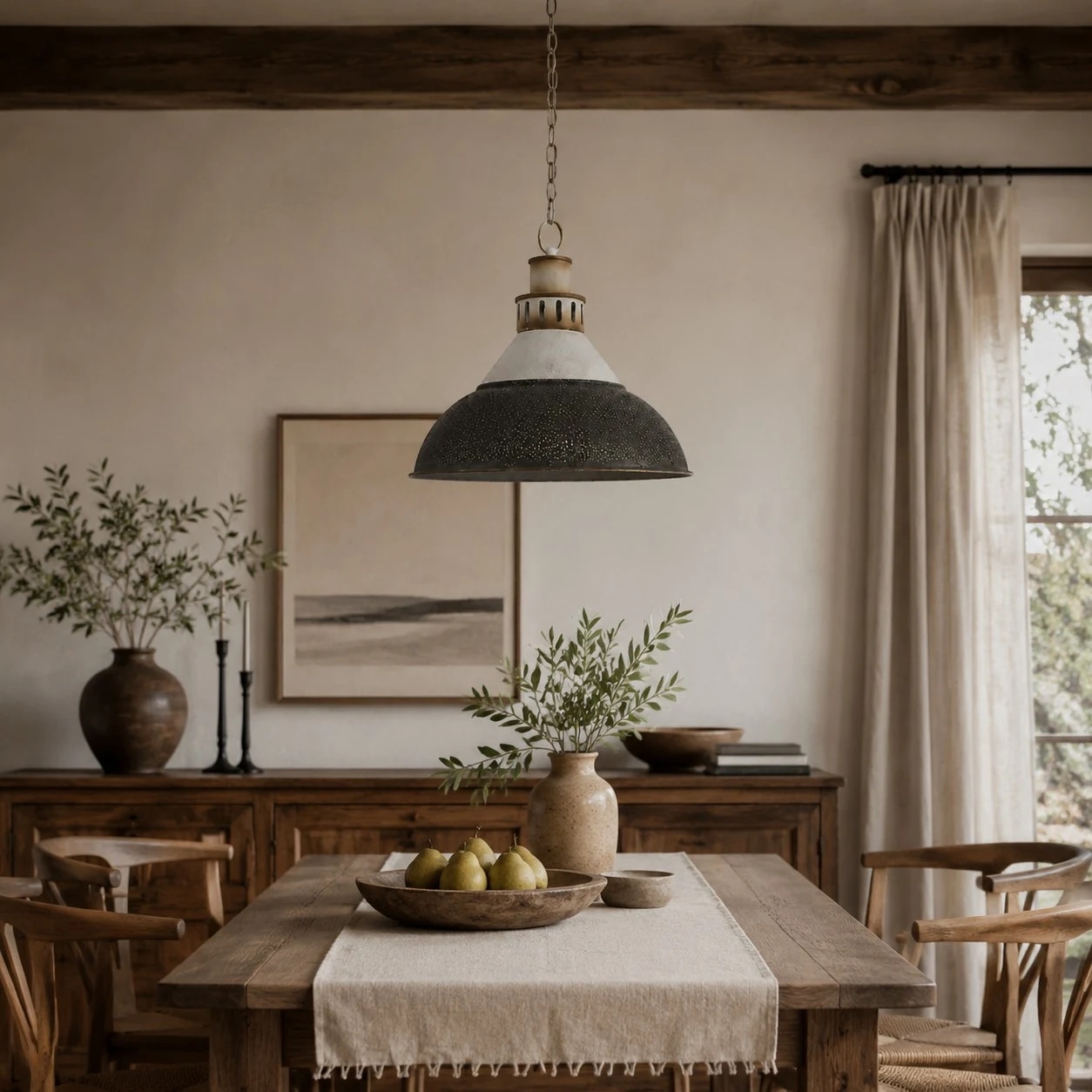 industrial dome pendant light installed above a dining table