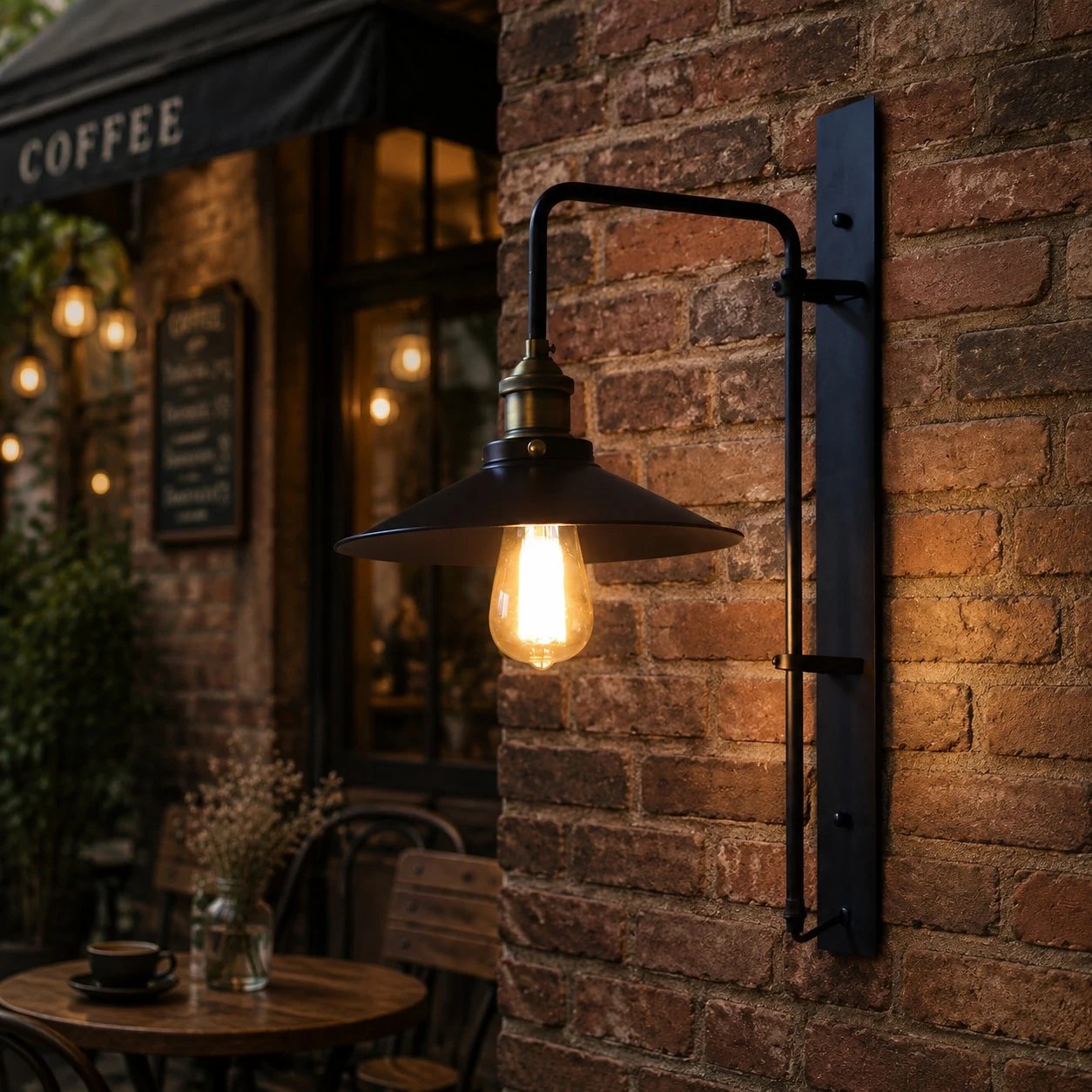 Dark bronze wall lamp on a brick cafe exterior