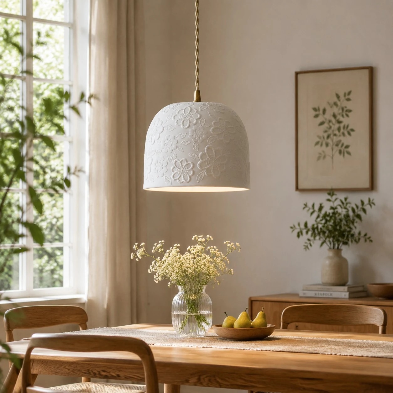 White ceramic brass pendant lamp over a dining table