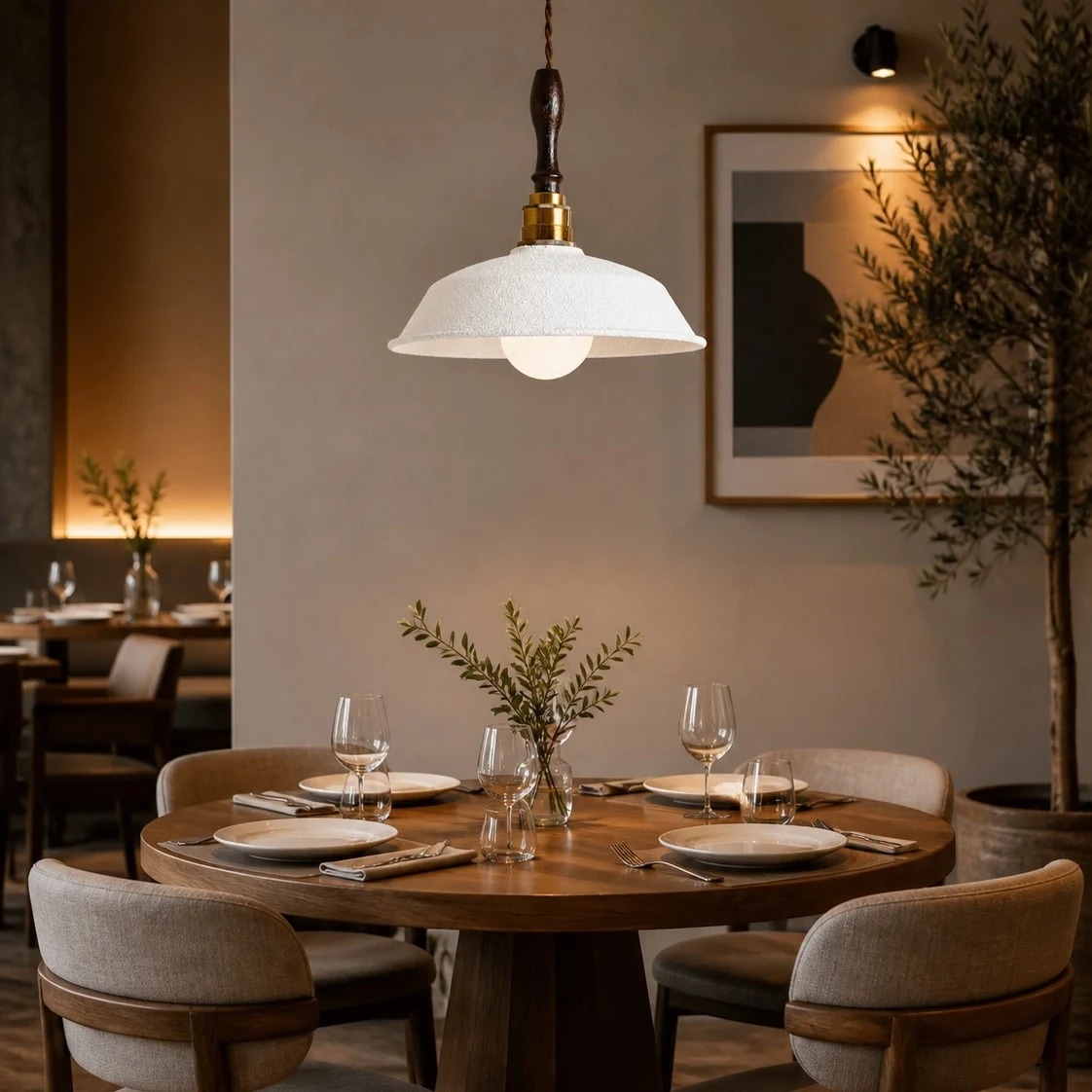 Pendant lamp over a warm dining table setting