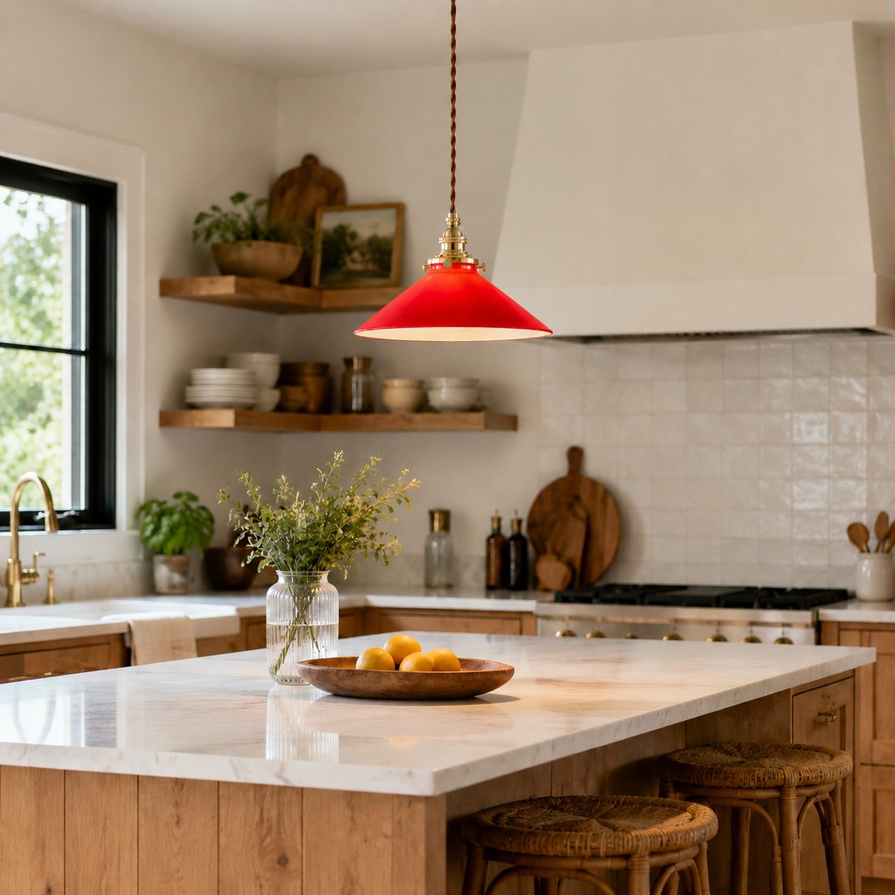 Vintage glass pendant lamp over a kitchen island