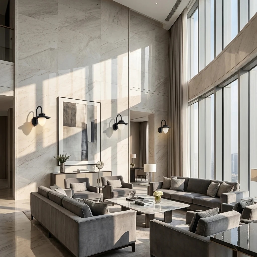 Wall lanterns installed across a bright high-ceiling room