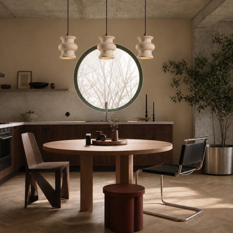 Three-head travertine pendant light above a dining table