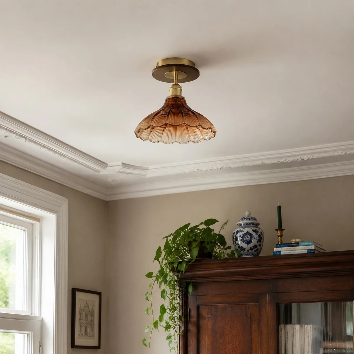 Ribbed glass ceiling light installed in a warm residential room