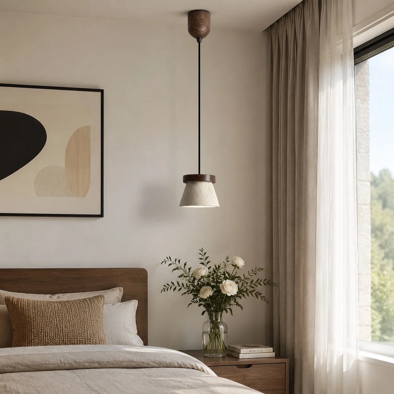 Pendant light installed near a neutral bedroom window