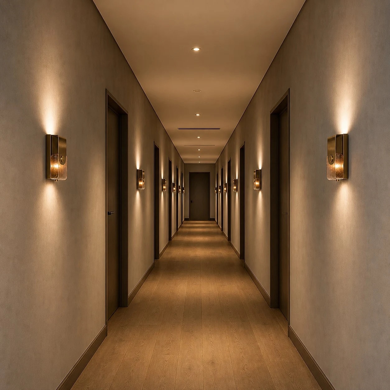 Brass amber glass wall sconces installed in a hallway