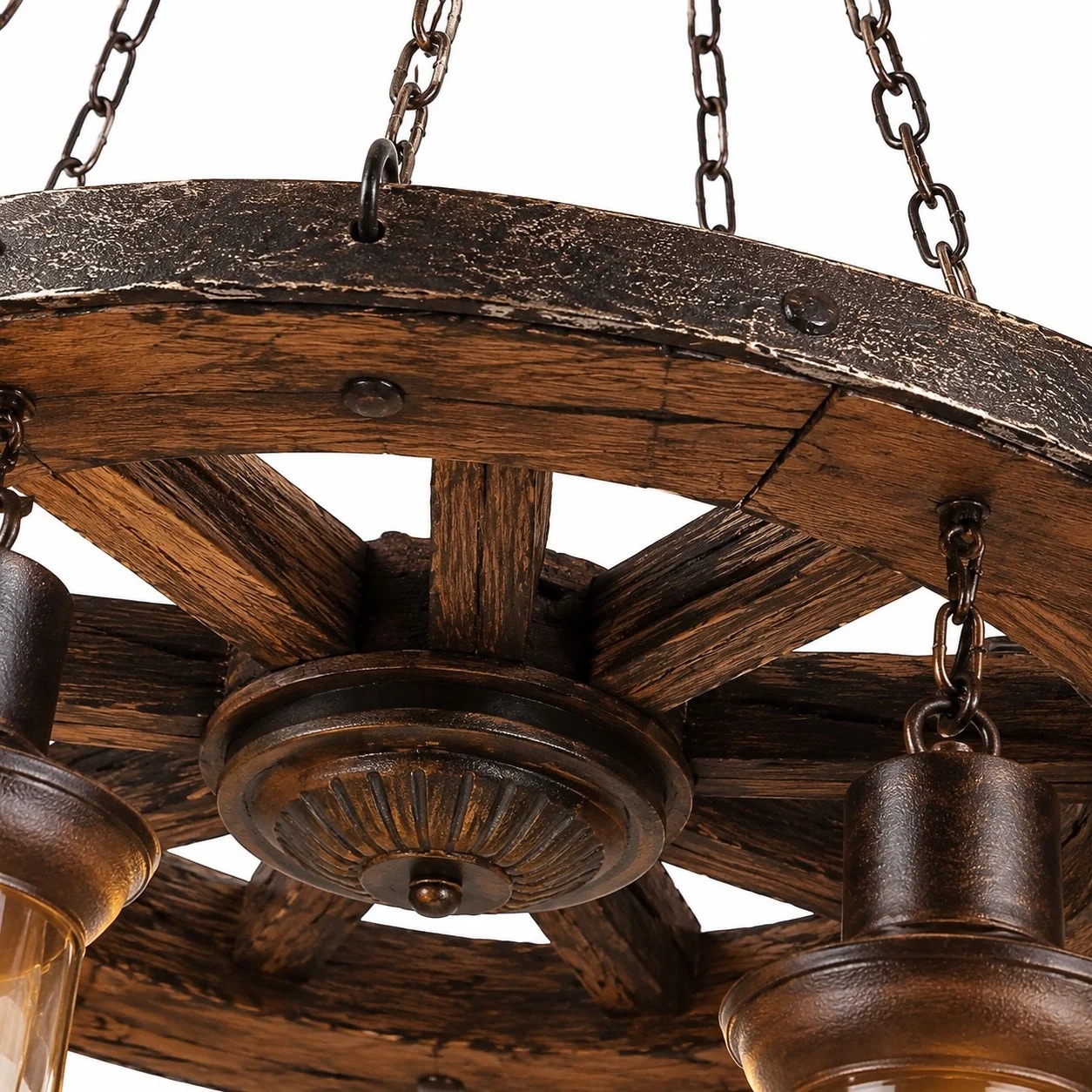 Close detail of rustic wood and black metal pendant light