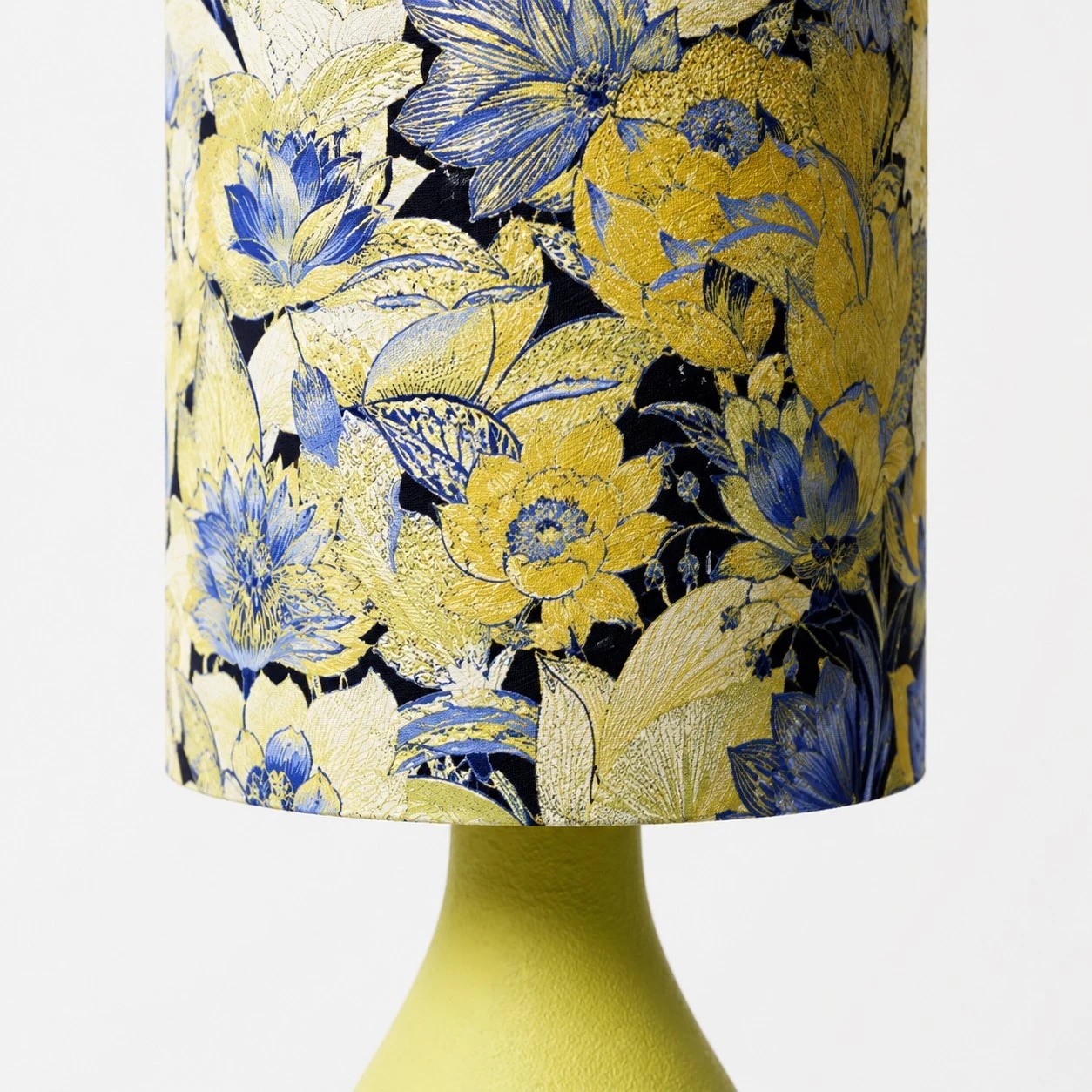 Blue and yellow floral fabric shade detail
