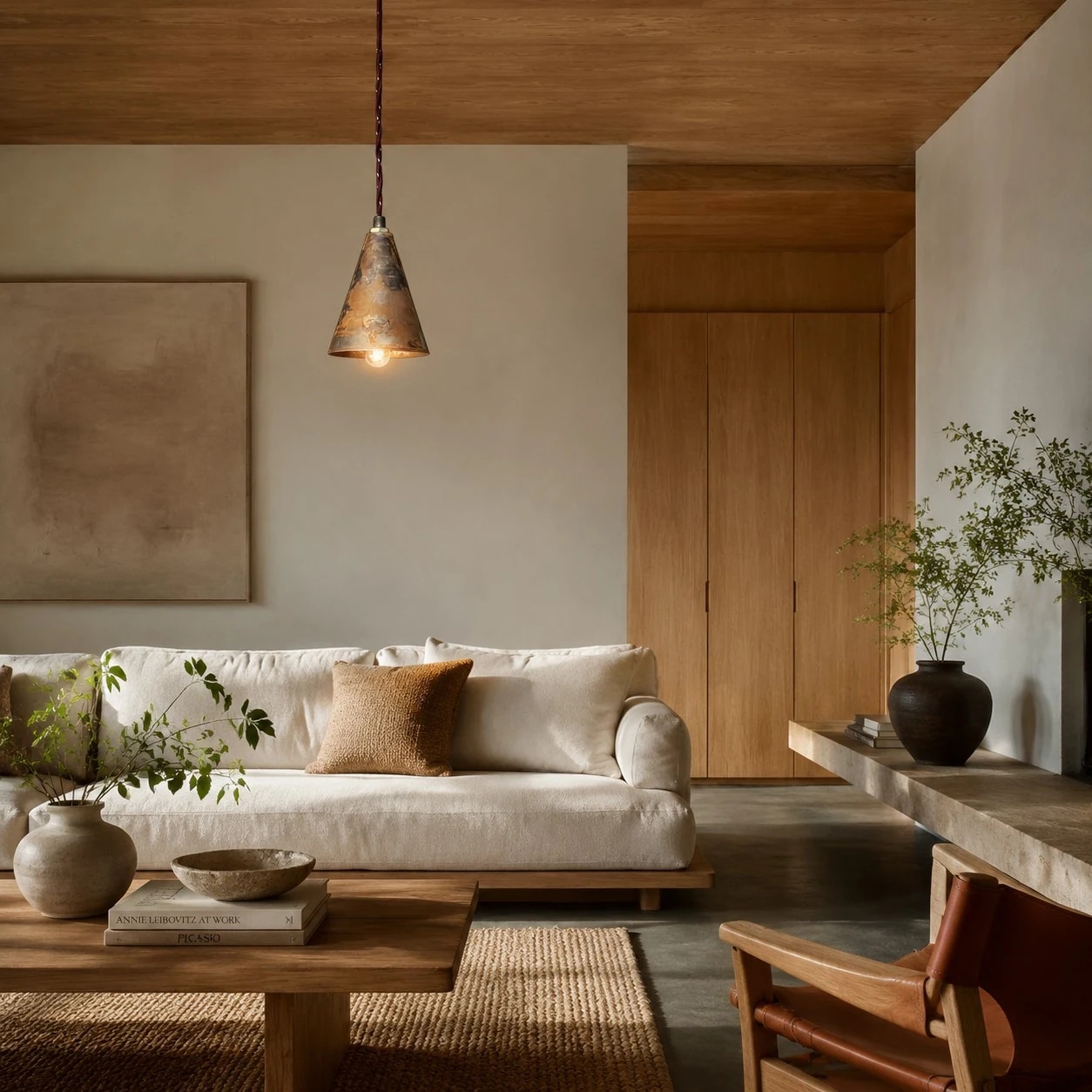 aged iron mini pendant in a warm living room