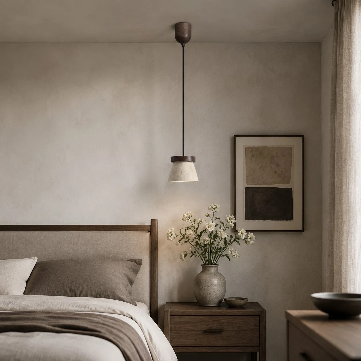 Pendant light installed beside a warm neutral bedroom setting