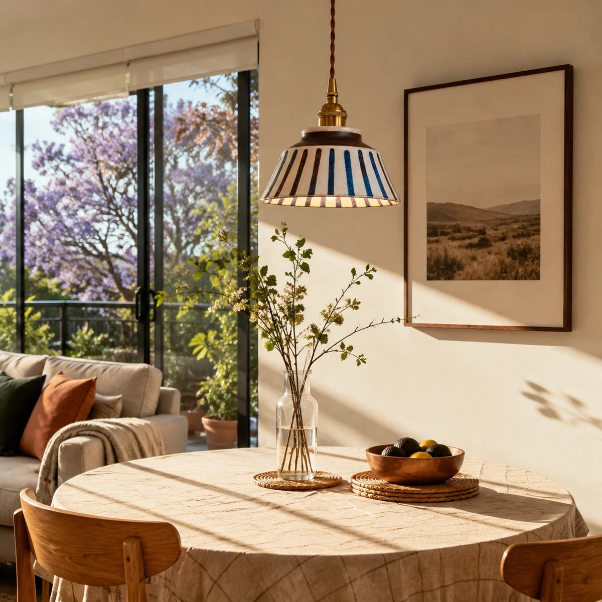 Ceramic pendant lamp installed in a sunny dining nook