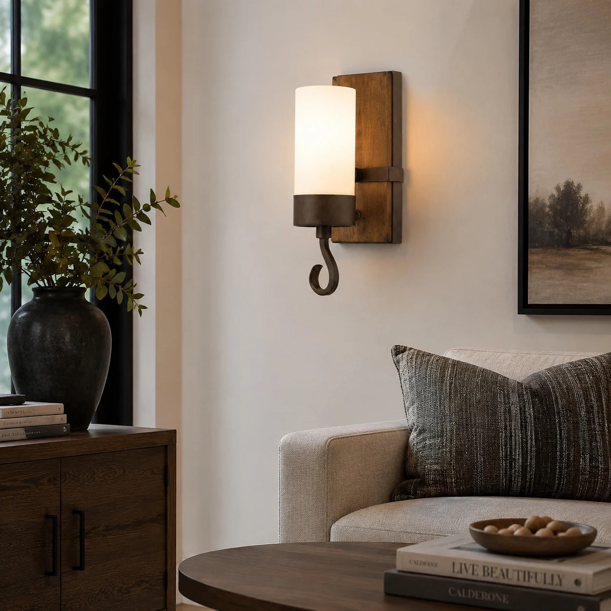 Rustic wall sconce glowing above a warm living room seating area