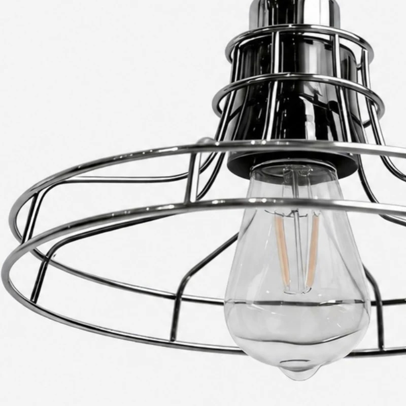 Pendant lamp glass shade and cage detail