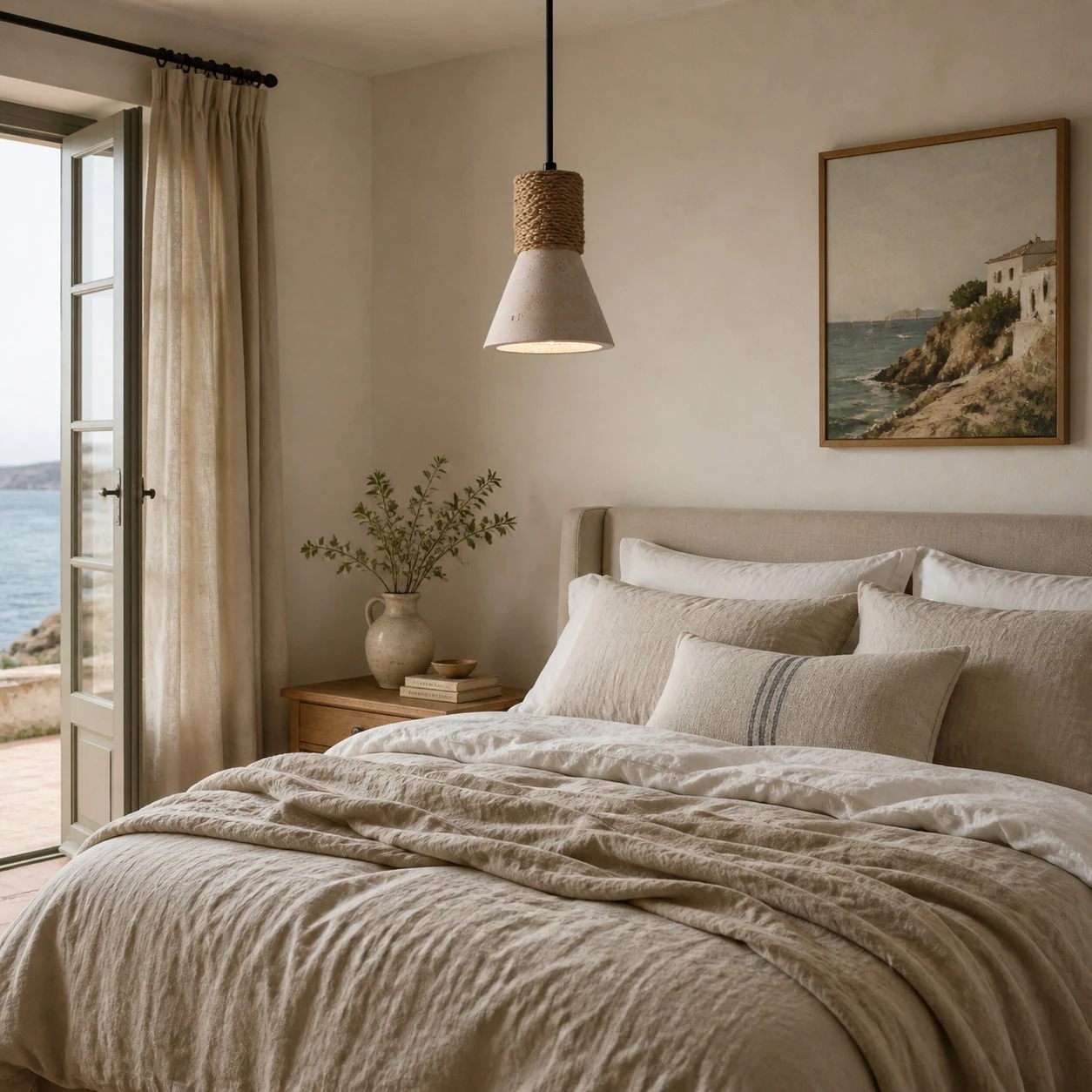 Single pendant beside a bedroom bed