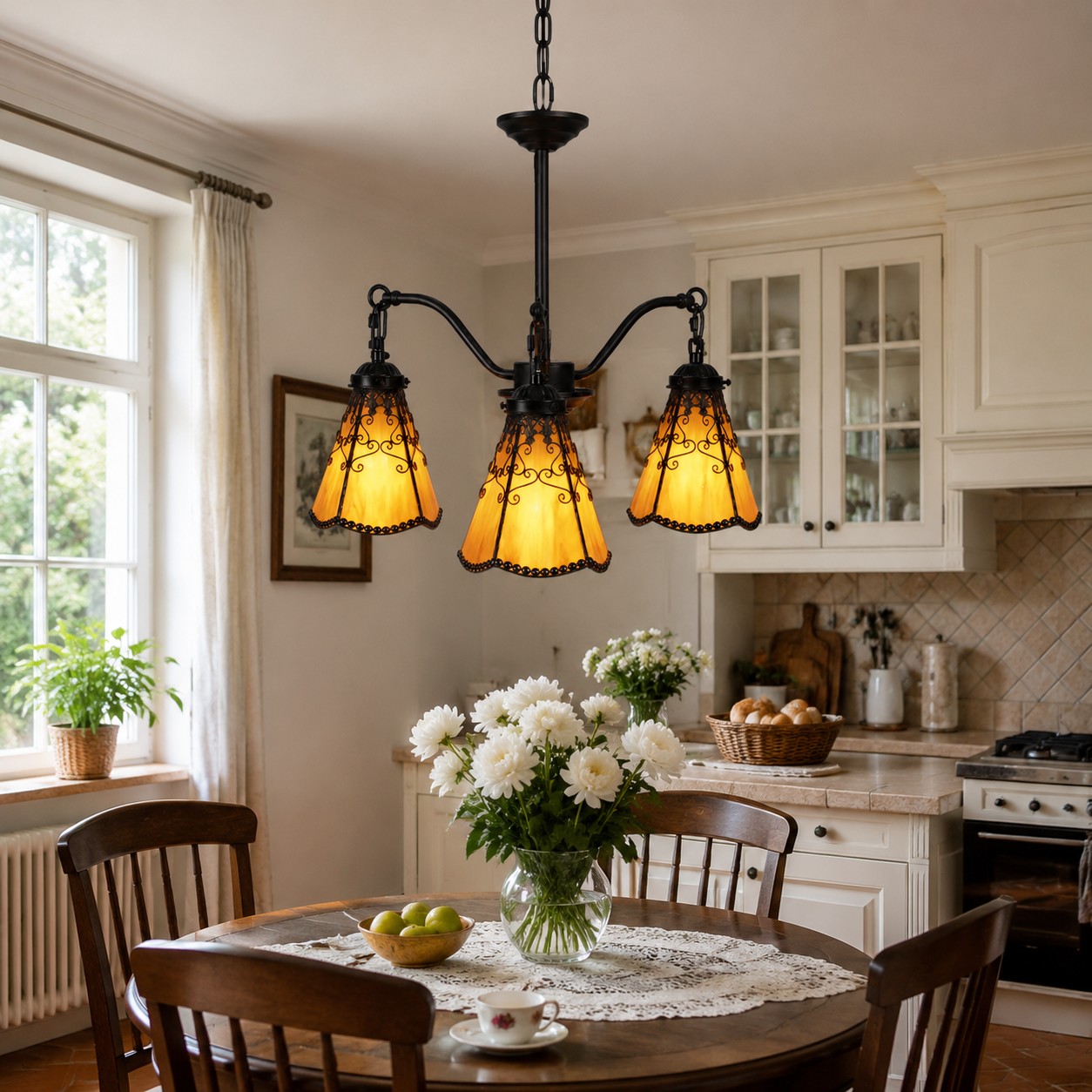 Tiffany-style three light pendant above a dining table