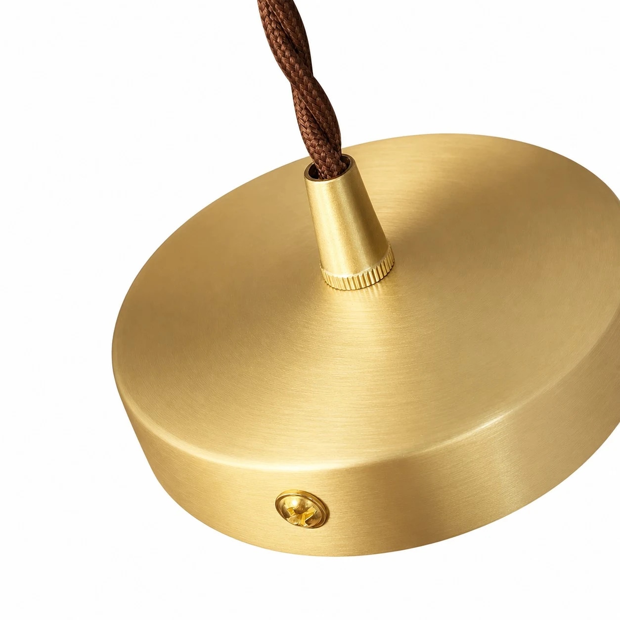Copper ceiling canopy and braided pendant cord detail