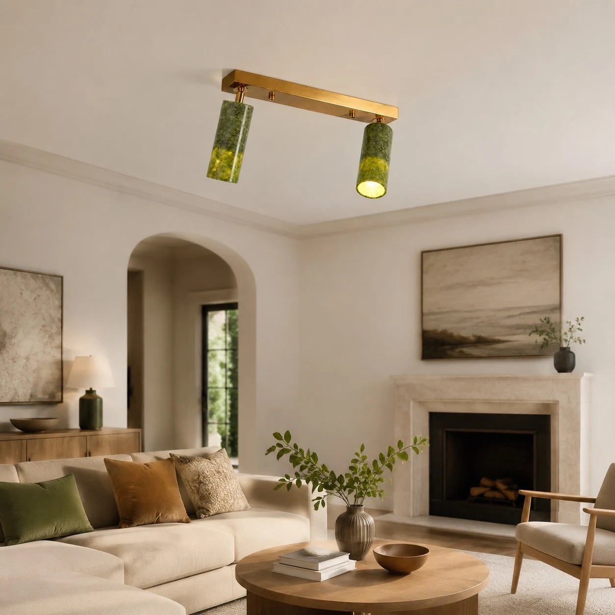 Green stone brass ceiling light in a living area