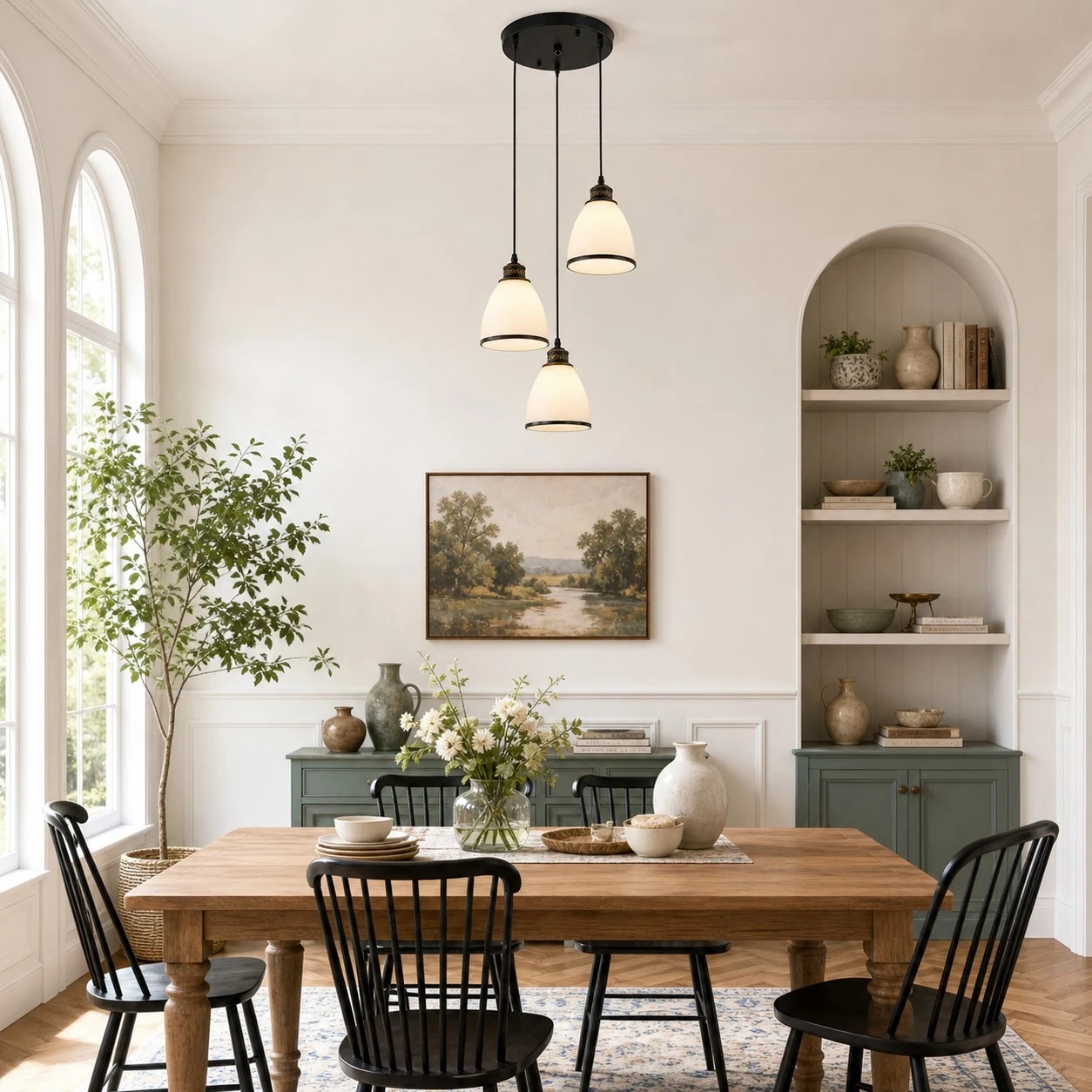 Round canopy three-light pendant installed above a dining table