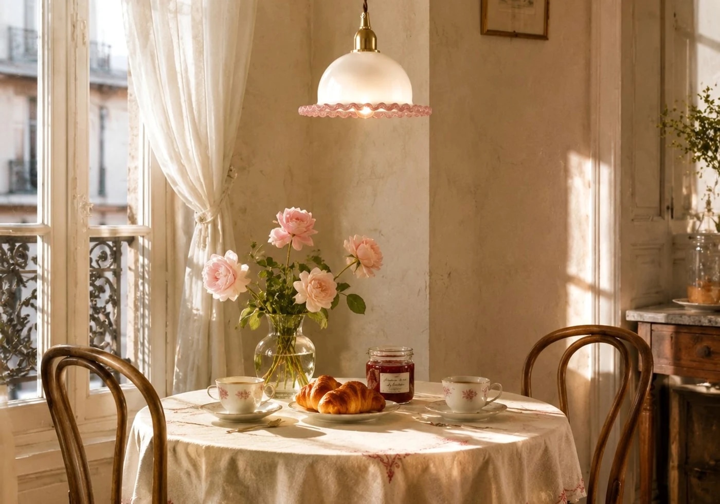 ruffled glass pendant light over a round dining table