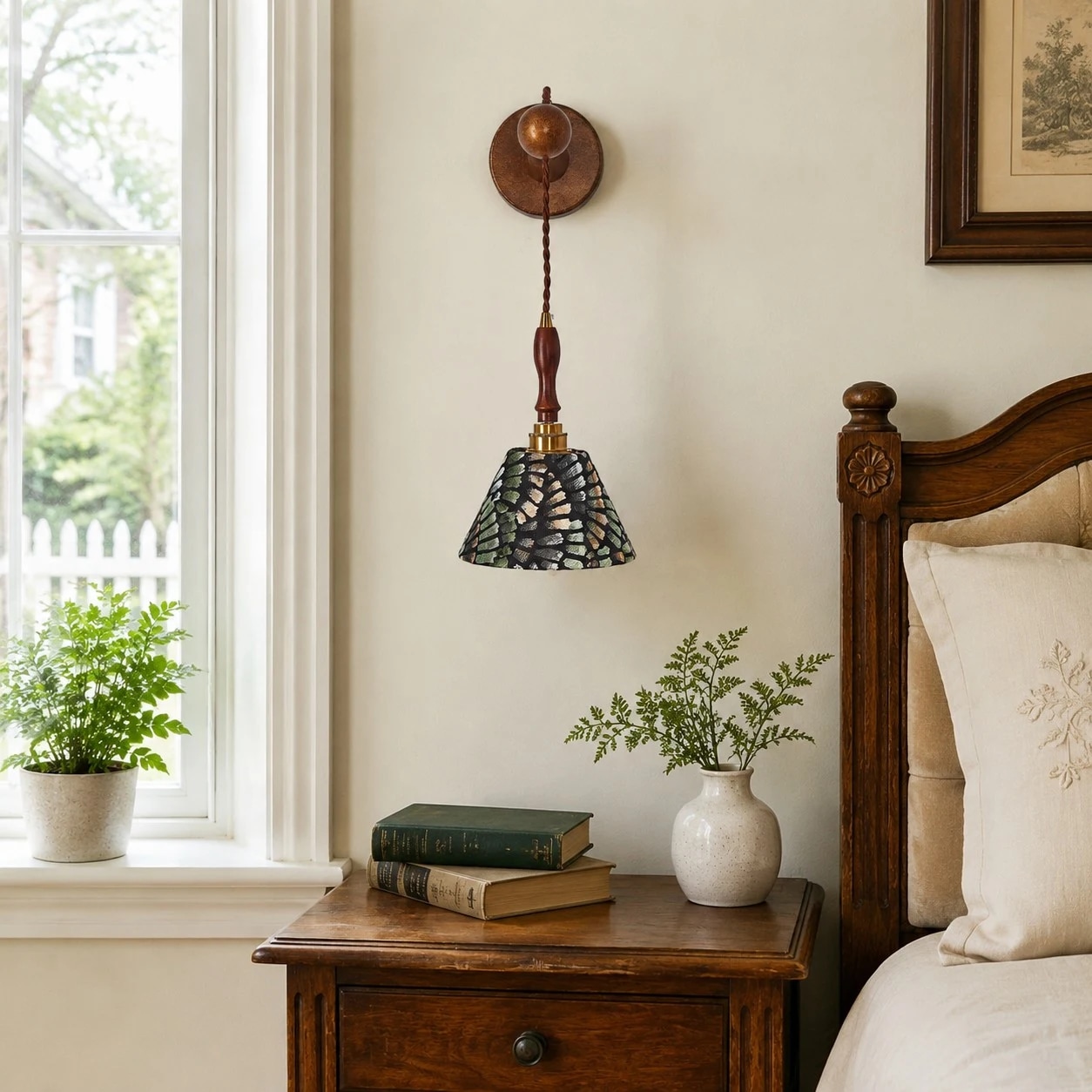 Wall sconce placed beside a vintage bedroom setting