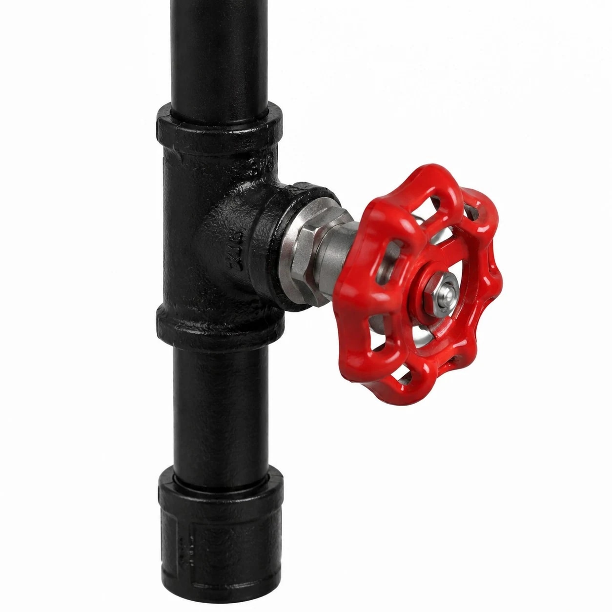 Red valve detail on black pipe body