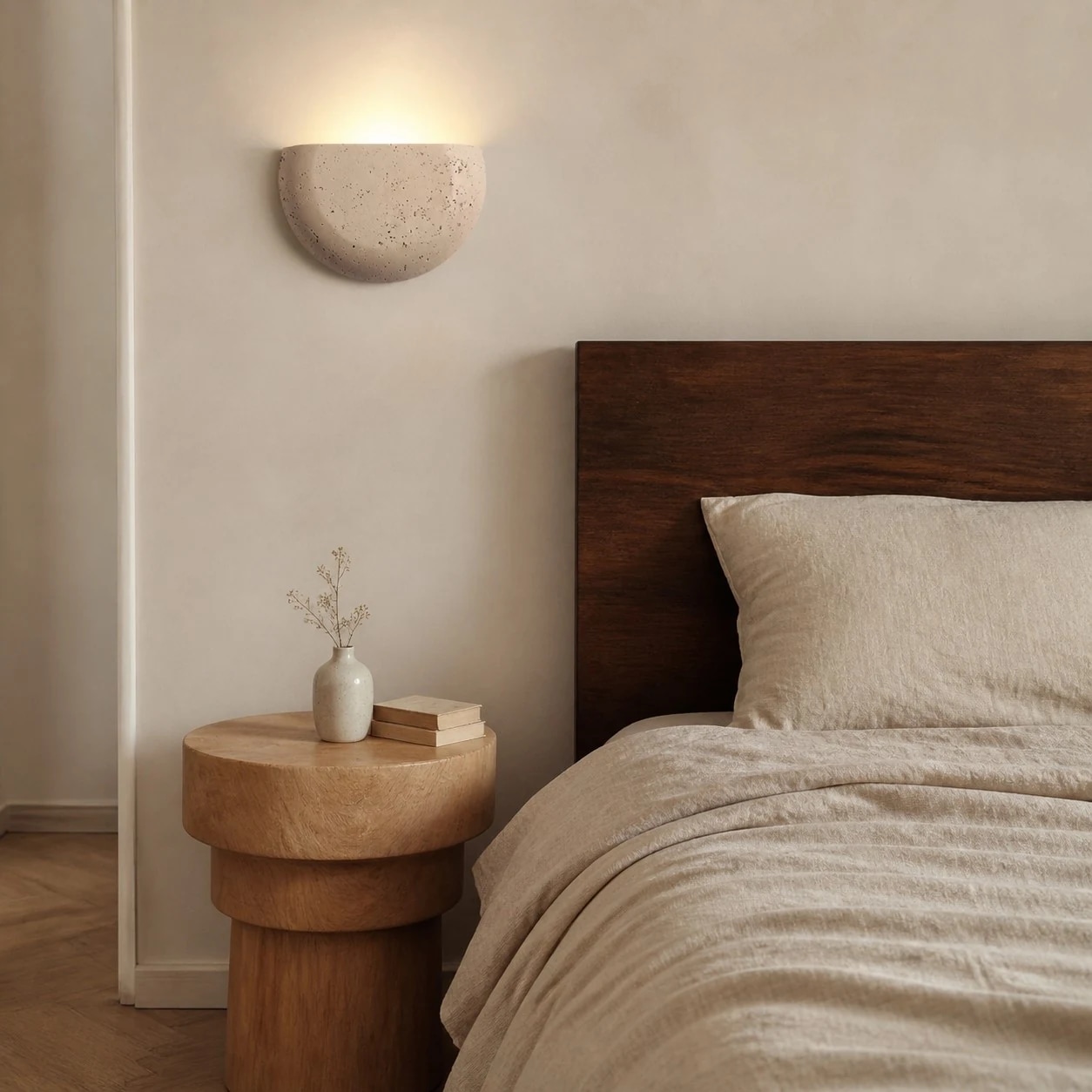 Warm bedside wall sconce installed above a nightstand