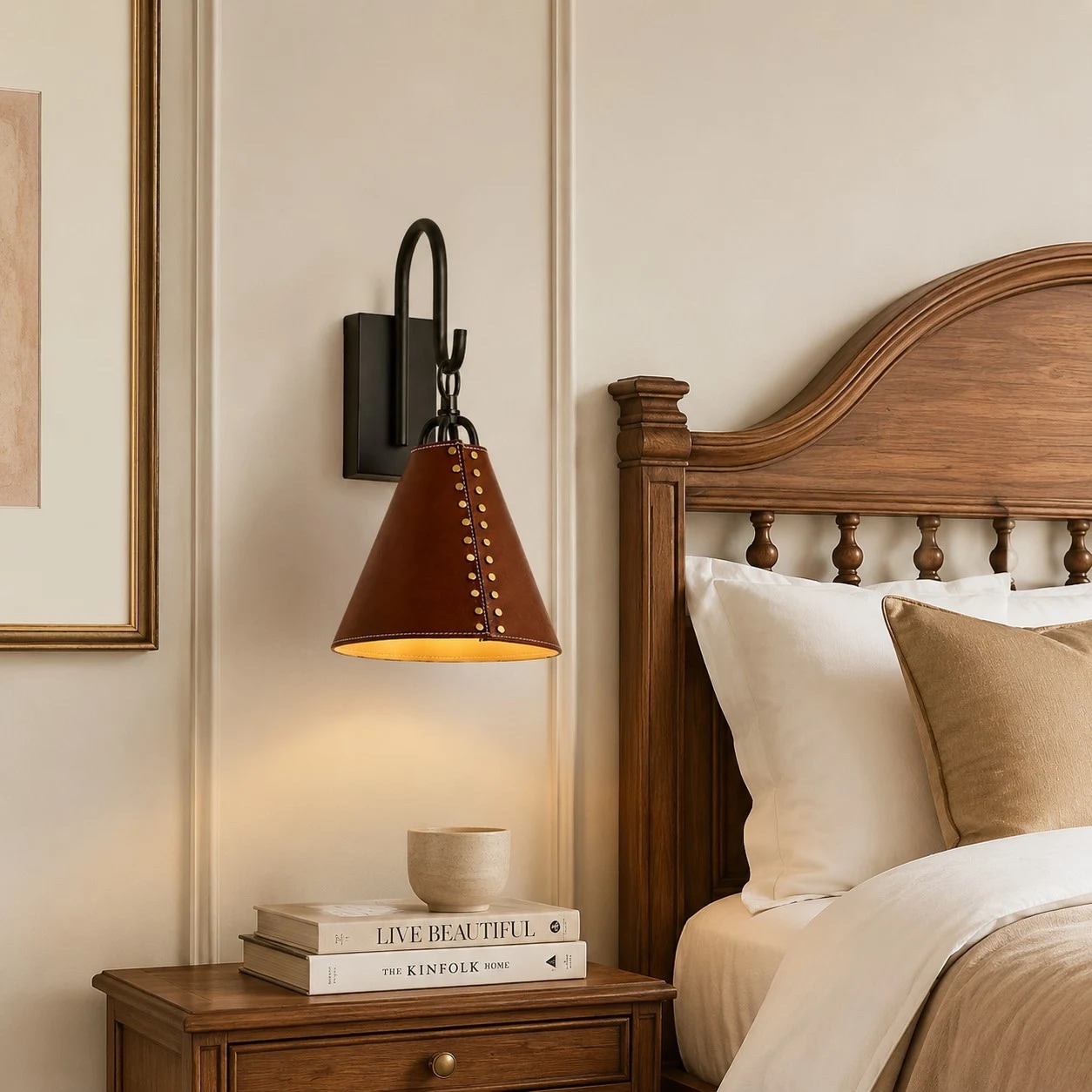Leather cone wall sconce installed above a bedside table
