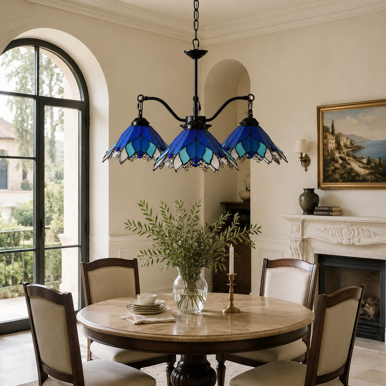 Four-Light Stained Glass Chandelier in room setting
