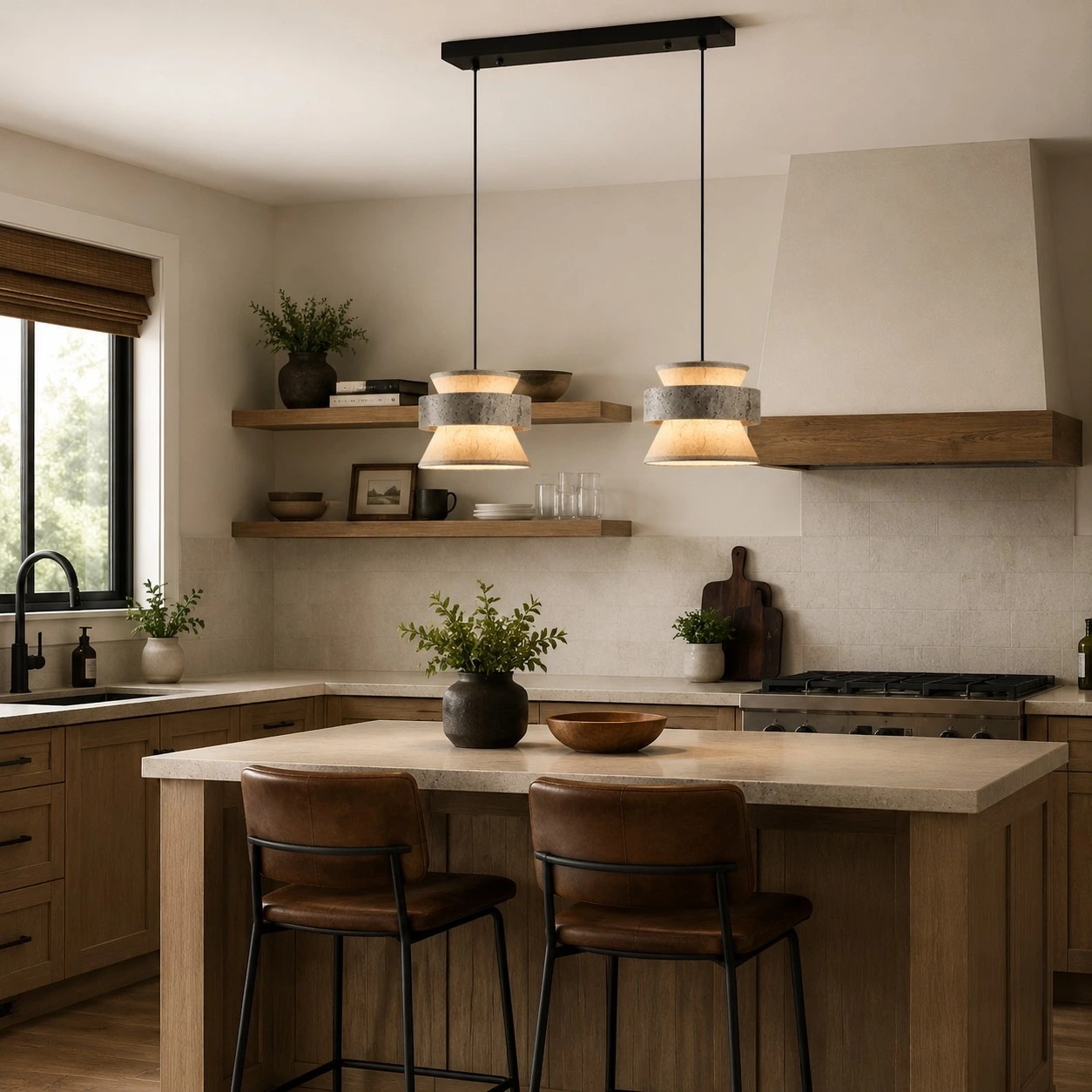 two-head pendant installed over a warm kitchen island