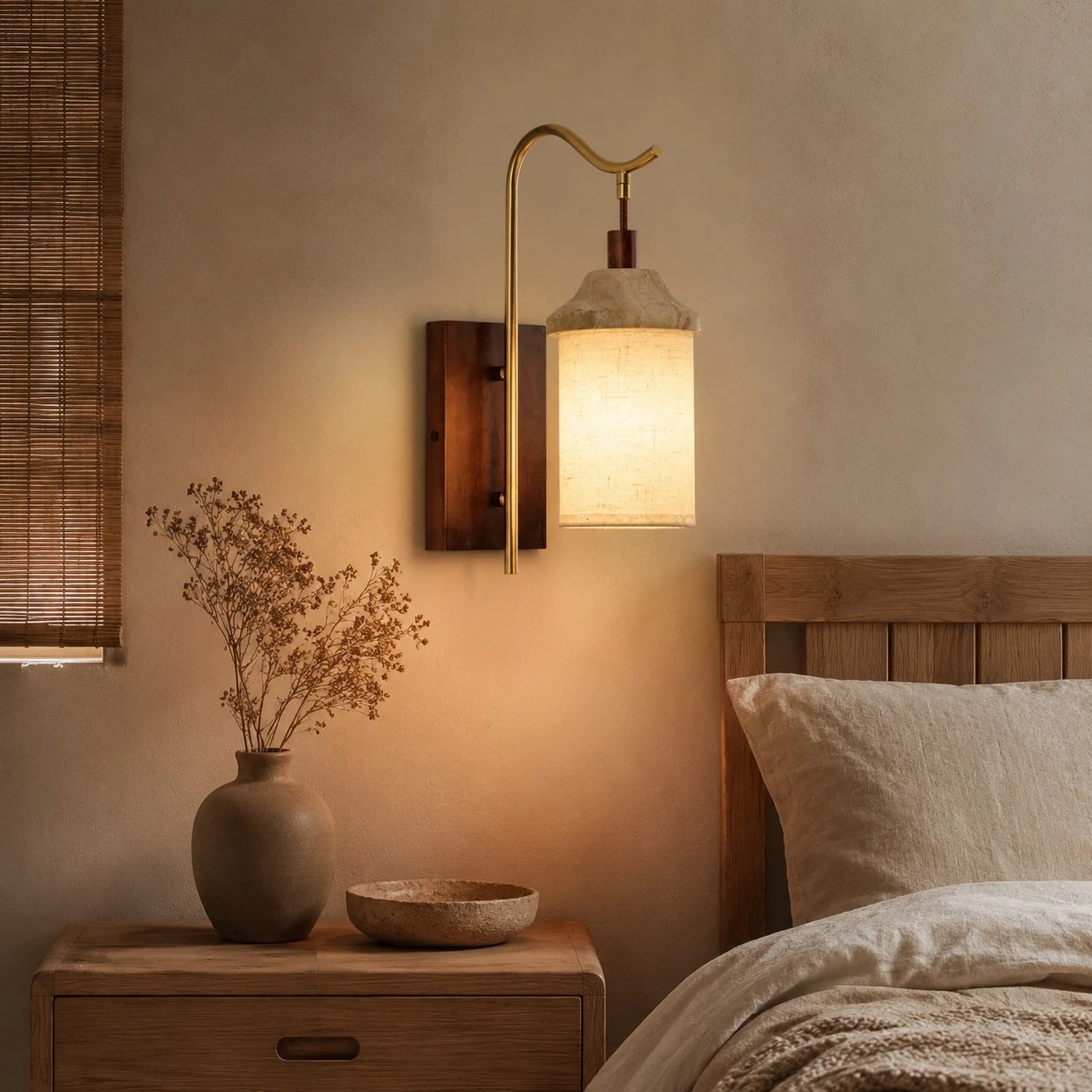 Travertine walnut wall sconce beside a bed
