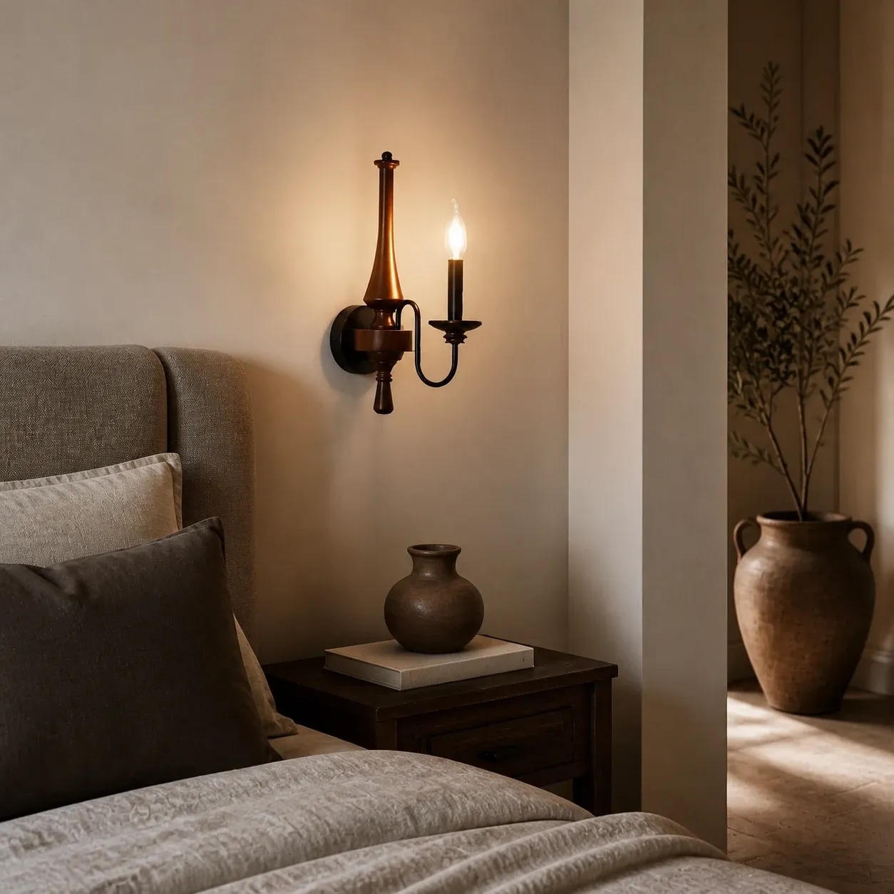Vintage candle wall sconce installed beside a bed
