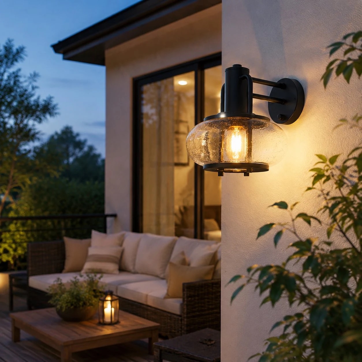 Outdoor patio wall light installed beside evening seating