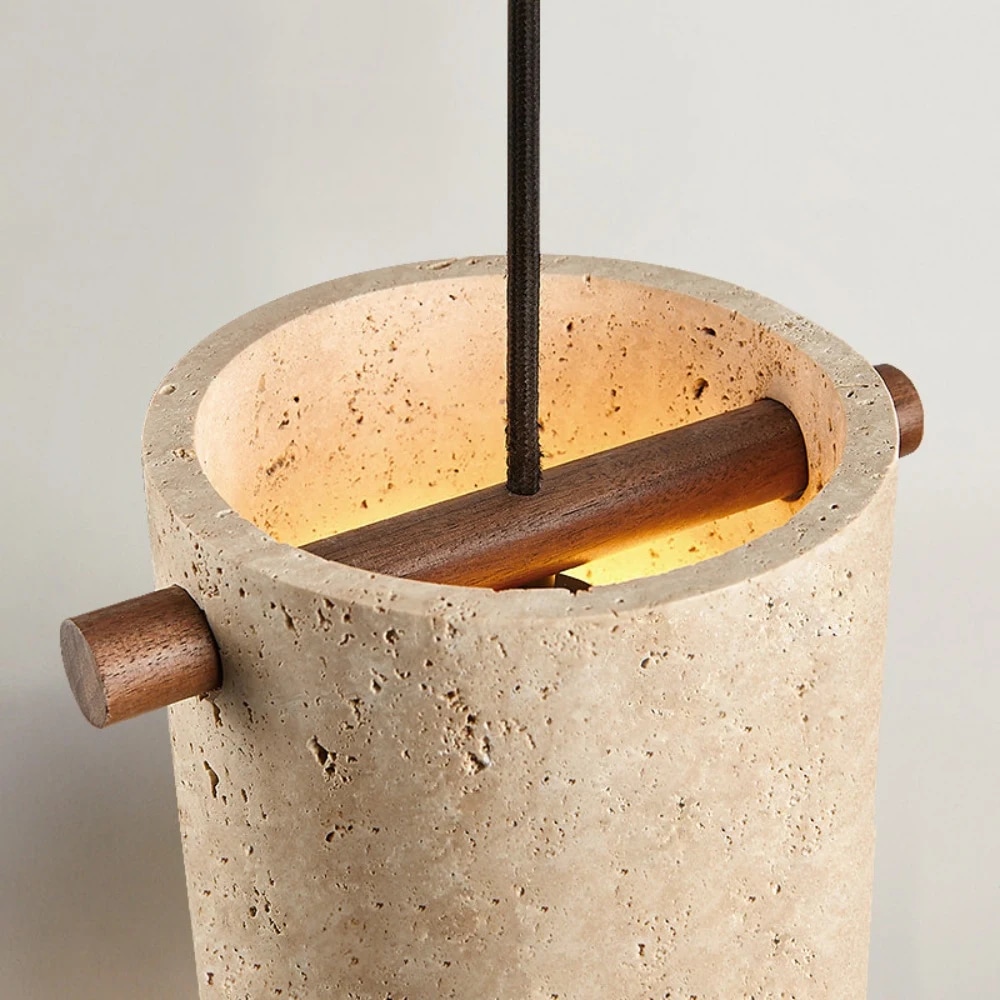 Wabi-Sabi Travertine Cylinder Pendant Light detail