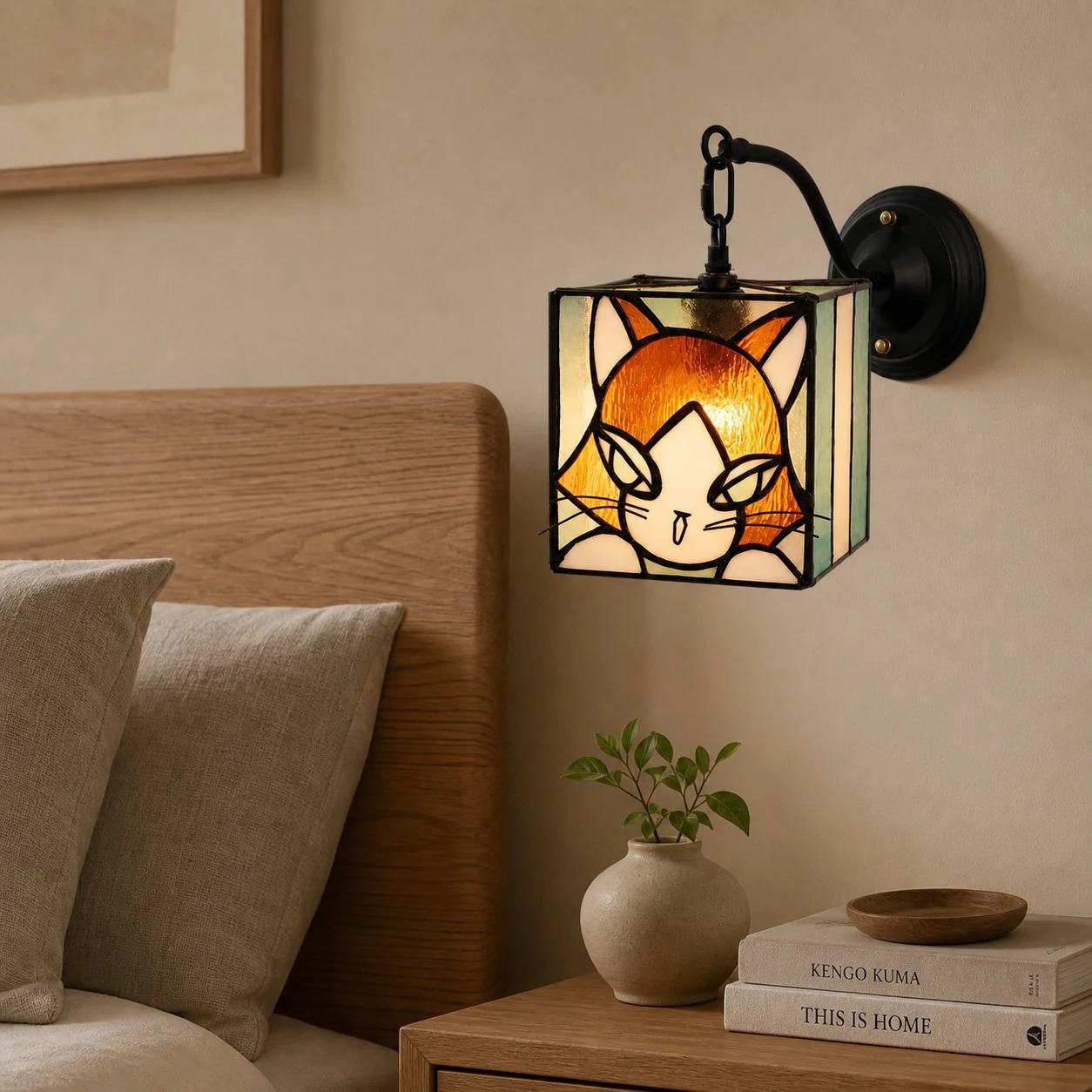 Cat stained glass wall sconce installed as warm accent lighting