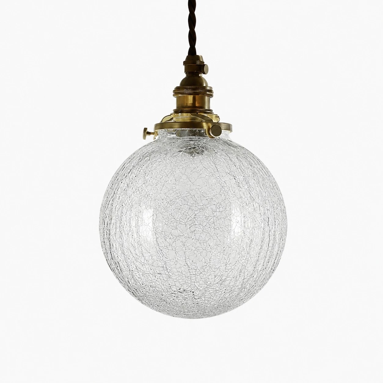 Style A brass pendant light with round clear crackle glass shade
