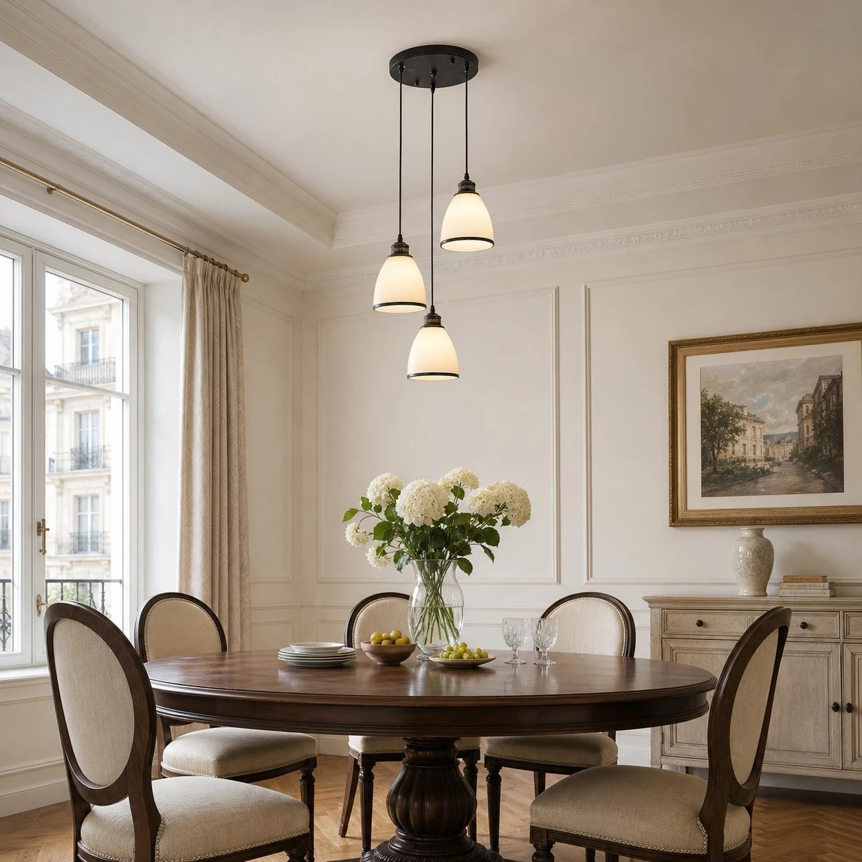 Round canopy pendant shown in a full dining room setting