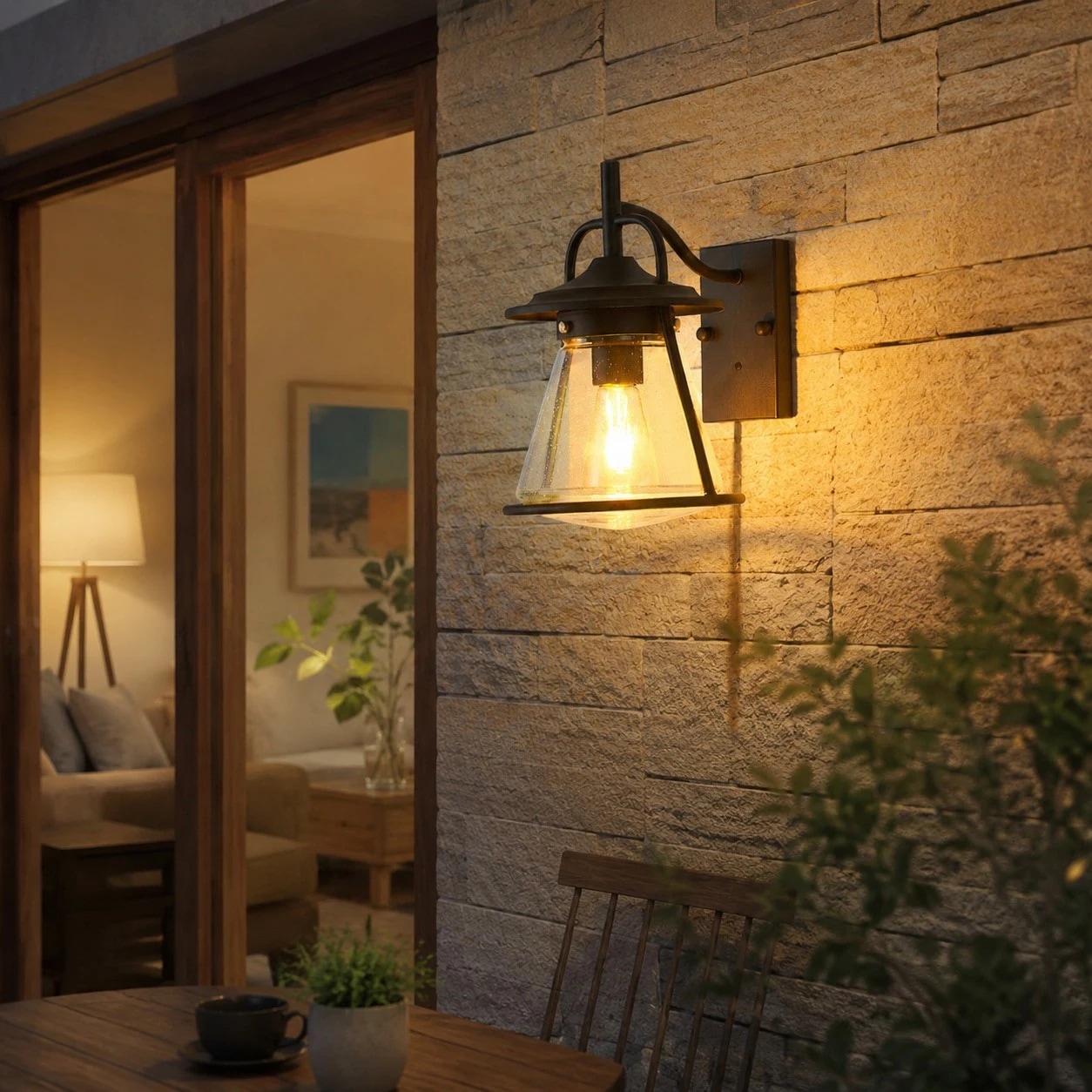 Outdoor wall lantern installed on exterior stone wall