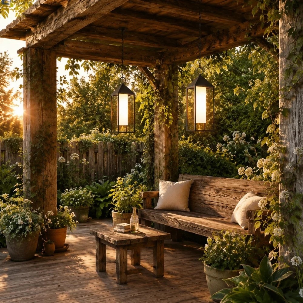 Outdoor pergola lounge with black pendant lanterns