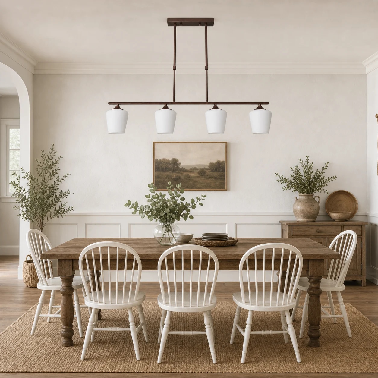 Strellux Coffee Brown chandelier over a farmhouse dining table