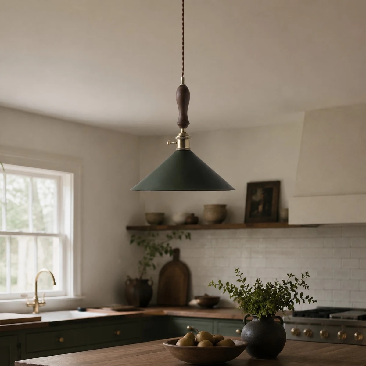 green leather shade pendant light above a kitchen counter near a window